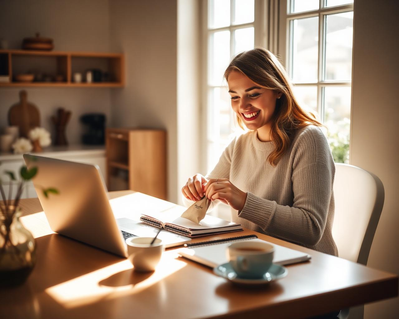 Someone working from a sunlit kitchen table, packing an order